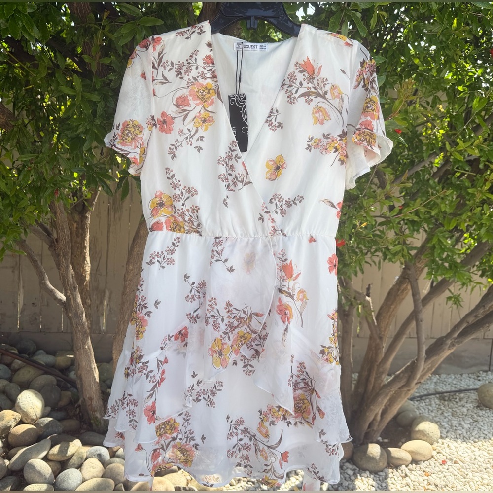 NWT Uguest chiffon white floral Flutter Sleeve Wrap Sundress sizeXS